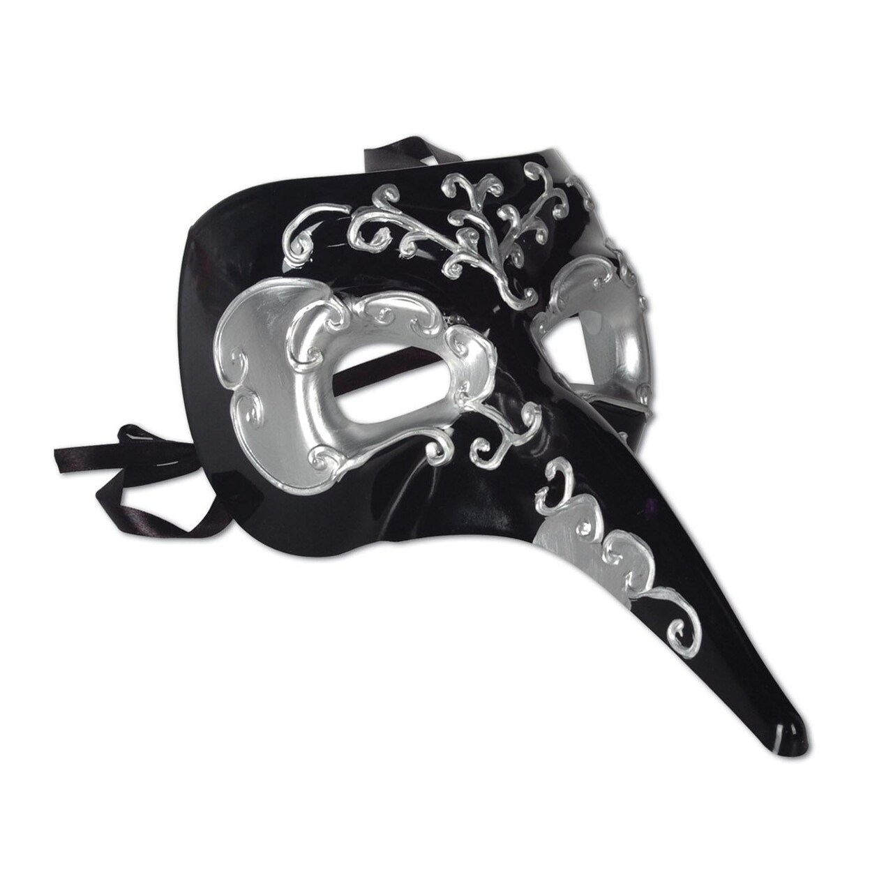 12 Pack Bulk Mardi Gras Long Nose Mask - black/silver - black ribbon ties